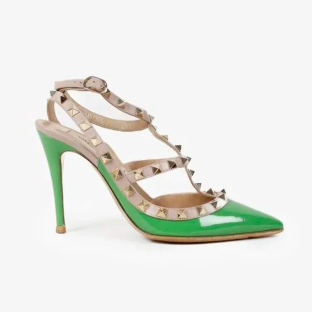 Valentino Rockstud Green T-Strap Heels